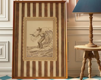 Vintage Western Cowboy Surfer Poster - Retro Cowboy Aesthetics Wall Art - Rustic Striped Surf Art for Farmhouse or Man Cave Decor
