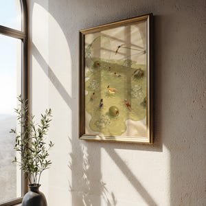 May include: A framed wall art print depicting a martini glass tipped over, spilling a pale yellow liquid that forms a pool. Within the liquid, several small figures are swimming among large green olives and translucent ice cubes.
