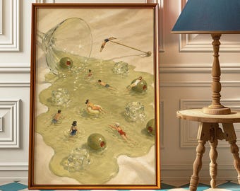 Martini Pool Poster, Tiny Swimmers Cocktail Wall Art, Retro Olive Print