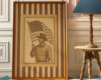 Rustic Cowboy American Flag Wall Art – Patriotic Western Poster, Vintage Style USA Print, Fourth of July Décor, Man Cave or Veteran Gift