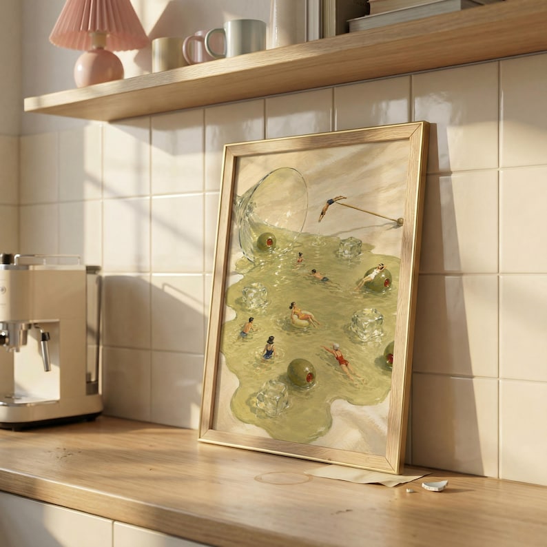 May include: A framed rectangular art print featuring a spilled martini glass with green olives and ice cubes acting as a swimming pool for tiny figures. The illustration depicts people swimming and lounging in the spilled liquid on a light surface.