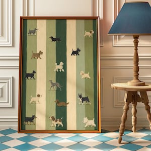 Randig hundrasposter, grön preppy väggkonst, vintage hundtryck, udda kontors-, lerrums- och djurälskareinredning