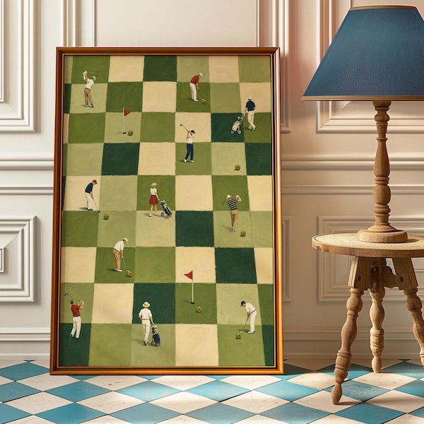 Tiny Golfers Checkerboard Olive Poster, Green Office Wall Art, Funny Golf Print