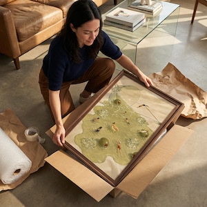 May include: A framed rectangular art print featuring a surreal illustration of a spilled martini glass. The liquid forms a pool containing small figures swimming, ice cubes, and green olives. The artwork is enclosed in a dark brown wooden frame.
