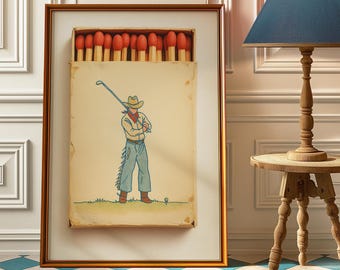 Retro Cowboy Golfer Matchbox Poster, Vintage Cowboy Golf Print, Western Matchbox Art, Golf Wall Decor, Matchbook Wall Art for Home or Office