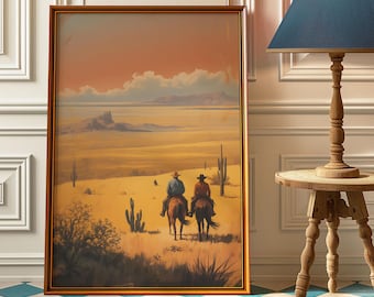 Western Cowboy Desert Wall Art Print – Vintage Country Landscape Poster, Rustic Horseback Riders Home Decor