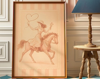 Lámina decorativa de vaquera coqueta, póster western vintage, decoración femenina a caballo estilo Y2K, estética vaquera retro para la habitación infantil o el dormitorio.