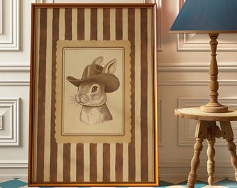 Cowboy Bunny Wall Art Print – Rustic Western Nursery Decor, Vintage Farmhouse Animal Poster, Whimsical Cowboy Rabbit Painting