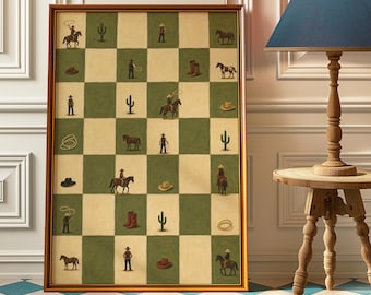 Poster con icona a scacchiera di piccoli cowboy, decorazione murale western verde, stampa per cameretta in stile ranch