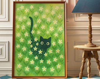 Black Cat Floral Art Print: Whimsical Green Nursery Wall Decor