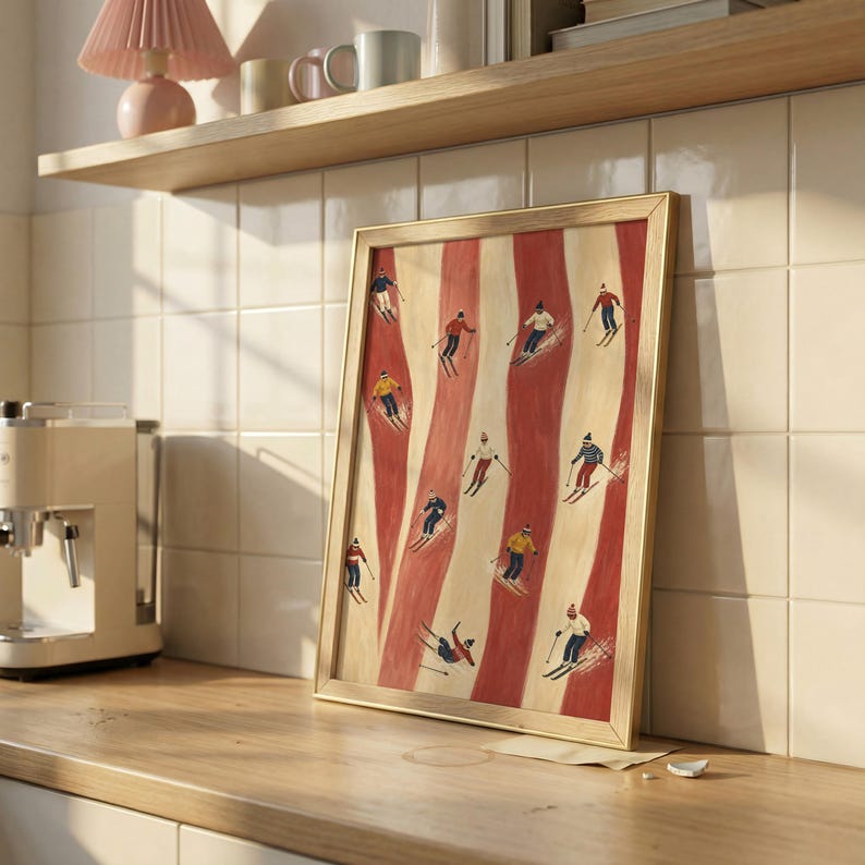 May include: A framed vertical art print featuring a pattern of alternating red and cream vertical wavy stripes. The design depicts multiple small figures of skiers in various colorful winter outfits, each actively skiing down the slopes.