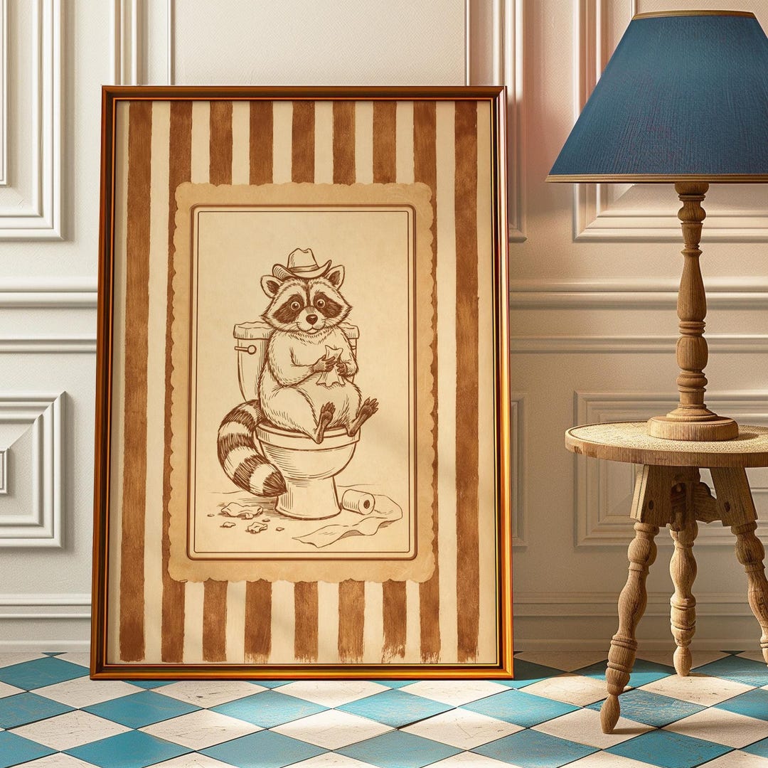 Raccoon on Toilet Poster, Funny Bathroom Wall Art, Vintage Cowboy ...