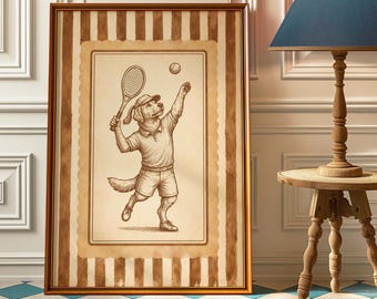 Poster con cane tennista, decorazione murale sportiva con golden retriever, stampa vintage divertente con cane, decorazione originale per sala giochi