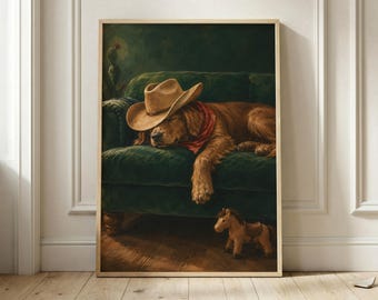 May include: A framed print depicts a golden retriever dog sleeping on a green velvet couch. The dog wears a cowboy hat and a red bandana. A small toy horse sits on the floor in front of the couch. The artwork has a vintage, rustic aesthetic.