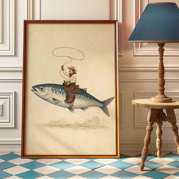 Cowboy Riding Fish Poster, Funny Fishing Wall Art, Vintage Western Print