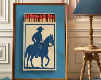 Cowboy Matchbox Poster – Vintage Western Wall Art Print, Retro Cowboy Silhouette on Horse, Americana Matchbook Artwork, Rustic Home Decor