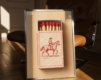 Retro Cowboy Matchbox Poster - Vintage Western Matchbook Wall Art - Mid-Century Modern Rustic Home Decor - Trendy Cowboy Matchbook Art Print