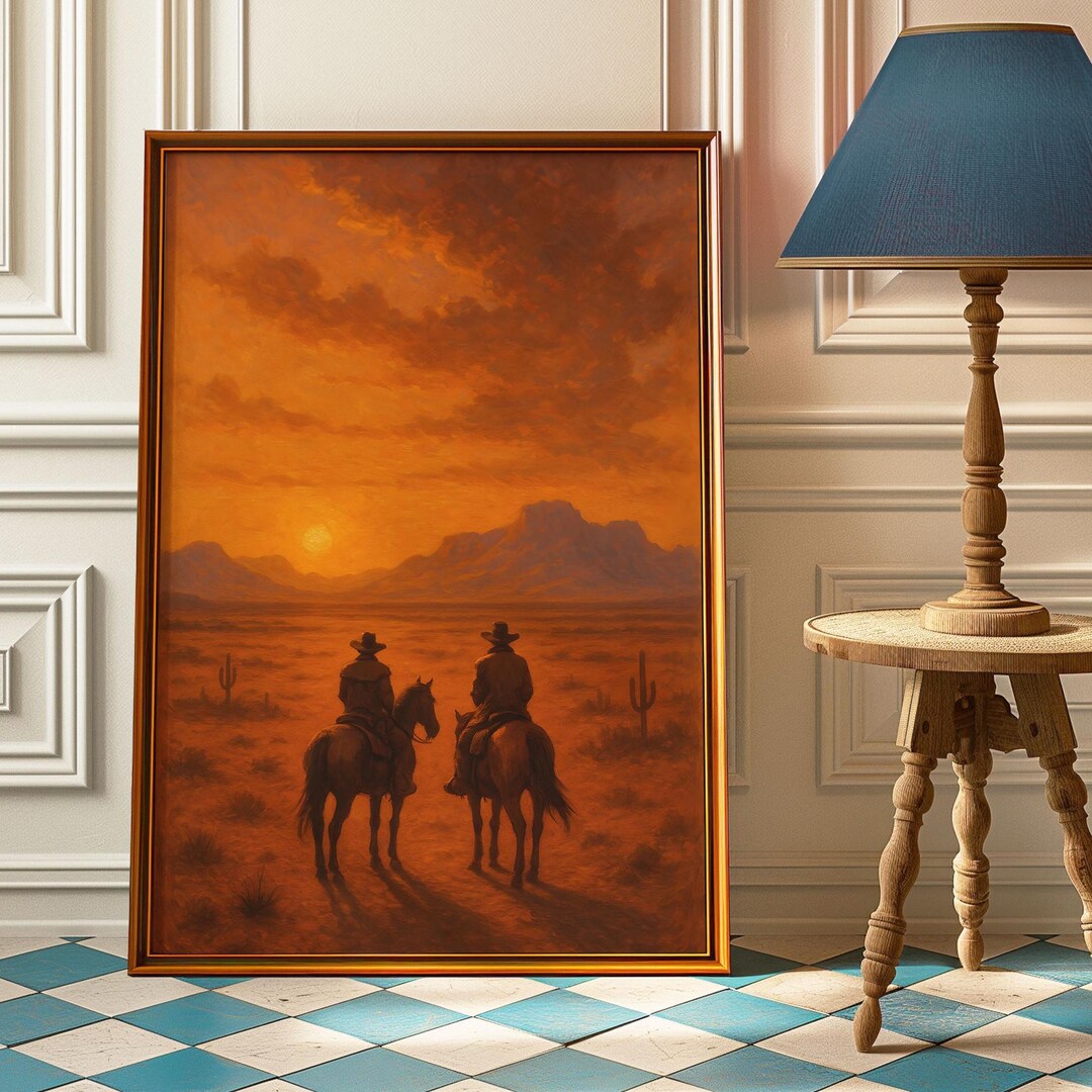 Vintage Western Sunset Print: Cowboy Horseback Riders, Wild West Decor ...