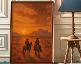 Vintage Western Sunset Print: Cowboy Horseback Riders, Wild West Decor