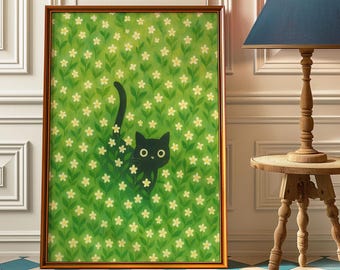Black Cat Art Print: Whimsical Floral Nursery Wall Decor