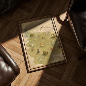 May include: A framed rectangular print featuring a surreal illustration of people swimming in a spilled martini. The scene includes large green olives, clear ice cubes, and a tipped glass, all rendered in shades of olive green and pale yellow.