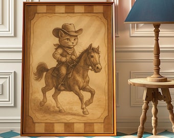 Vintage Cat Cowboy Wall Art – Retro Western Nursery Poster, Striped Cowboy Cat Print for Home Decor, Kids Room or Animal Lovers