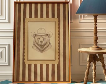 Cowboy Bear Wall Art Print – Rustic Western Nursery Poster, Vintage Animal Home Decor, Man Cave Wall Art, Country Cowboy Room Decor