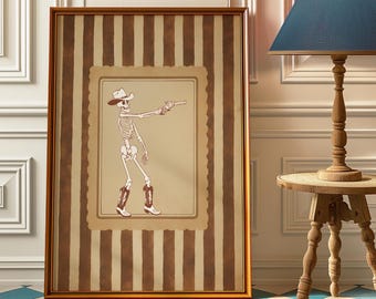 Vintage Western Skeleton Cowboy Wall Art, Retro Rustic Stripes Poster Print, Cowboy Skeleton with Revolve Decor, Wild West Wall Art For Gift