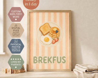 May include: A framed vertical poster featuring a light orange and white striped background. The center displays an illustration of a plate with toast, a stack of pancakes with butter and blueberries, a fried egg, and strawberries. The text reads BREKFUS.