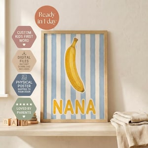 Può includere: Una stampa artistica incorniciata con un'illustrazione di una banana gialla centrata su uno sfondo a strisce verticali azzurre e bianche. La parola NANA è stampata in grandi lettere maiuscole gialle nella parte inferiore del poster rettangolare.