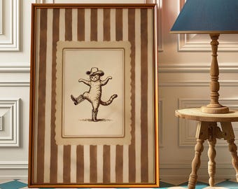 Whimsical Dancing Cowboy Cat Poster - Funny Vintage Cat Decor, Funny Western Nursery Art, Retro Striped Cat Lover Gift Idea, Farmhouse Decor