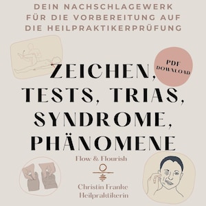 Könnte beinhalten: Buchcover mit dem Titel "ZEICHEN, TESTS, TRIAS, SYNDROME, PHÄNOMENE" in deutscher Sprache. Es zeigt Illustrationen medizinischer Verfahren und einen "PDF DOWNLOAD"-Button. Autorin ist Christin Franke.