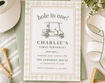 Hole in One Birthday Invitation Boy, Golf First Birthday Invite, Preppy Golf Party, Editable Canva Template, Pastel Gingham Birthday