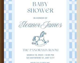 Blue Gingham Rocking Horse Baby Shower Invite | Grandmillennial Toile de Jouy Baby Sprinkle Invite Template