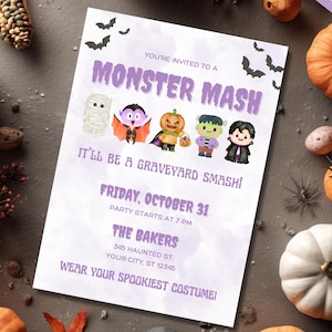 May include: A Halloween-themed invitation with the text "Monster Mash" and illustrations of monsters. The invitation includes the date, time, and address. Pumpkins and decorative elements surround the invitation.