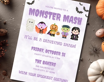 Watercolor Monster Mash Halloween Invitation | Editable Party Invite for Kids | Canva Template