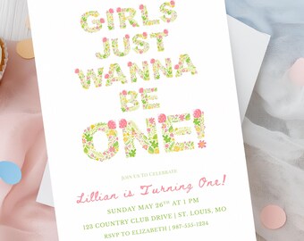 Girls Just Wanna Be One, Fun To Be One Girls First Birthday Invitation, Girl 1st Birthday Editable Canva Template