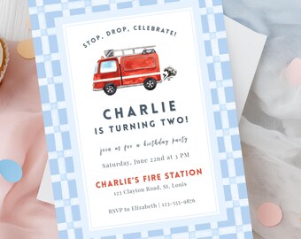 Firetruck Birthday Invitation | Firefighter Birthday Party Invite | 1st 2nd Birthday Boy Theme | Fireman Party Invitation Template