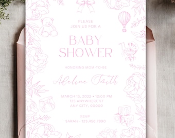 Pink Toile De Jouy Baby Shower Bundle, Toile Baby Shower Invite and Welcome Sign (Editable Canva Template)