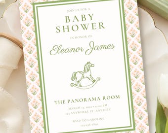 Rocking Horse Baby Shower Invitation Template, Vintage Baby Sprinkle Invite, Classic Preppy Floral Block Print, Editable Canva Invitation