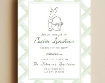 Easter Luncheon Invitation Template, Egg Hunt Invite, Editable Easter Brunch Invitation, Preppy Bunny Invite, Canva Digital Download