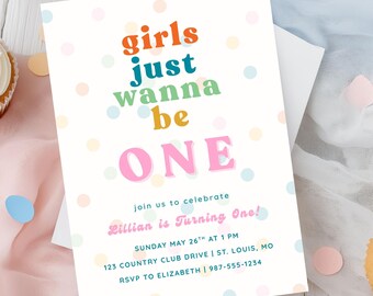 Girls Just Wanna Be One, Fun To Be One Girls First Birthday Invitation, Groovy Baby Birthday Party Editable Template