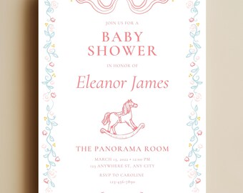 Pink Floral Rocking Horse Baby Shower Invite | Grandmillennial Toile de Jouy Baby Sprinkle Invite Template
