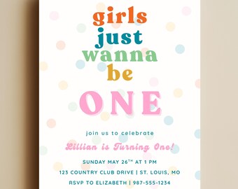 Girls Just Wanna Be One, Fun To Be One Girls First Birthday Invitation, Groovy Baby Birthday Party Editable Template
