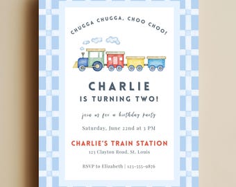 Train Birthday Party Invitation, Train Theme 2nd Birthday Party Invite, Gingham Watercolor Train Invitation Template
