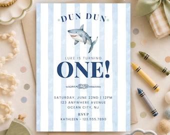 Shark First Birthday Invitation, Shark Watercolor Invitation for 1st Birthday Boy Party, Editable Canva Template