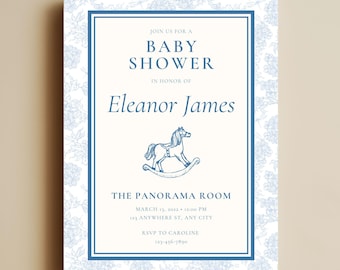 Rocking Horse Baby Shower Invitation, Toile de Jouy Baby Sprinkle Invite, Blue Baby In Bloom Canva Baby Shower Template