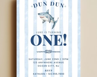 Shark First Birthday Invitation, Shark Watercolor Invitation for 1st Birthday Boy Party, Editable Canva Template