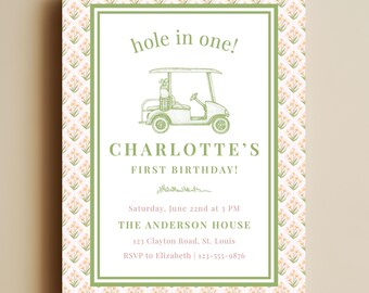 Pink Hole in One Birthday Invitation Girl, Golf First Birthday Invite, Preppy Golf Party, Editable Canva Template, Pastel Birthday Invite