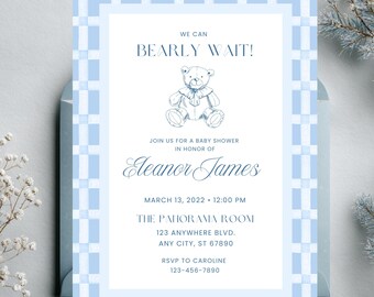 Blue Gingham We Can Bearly Wait Baby Shower Invitation | Grandmillennial Blue Toile de Jouy Boy Baby Sprinkle Invite Template